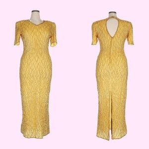 Vintage Mark & John 1980 Silk Gold Beaded & Sequined Wiggle Dress Size XL